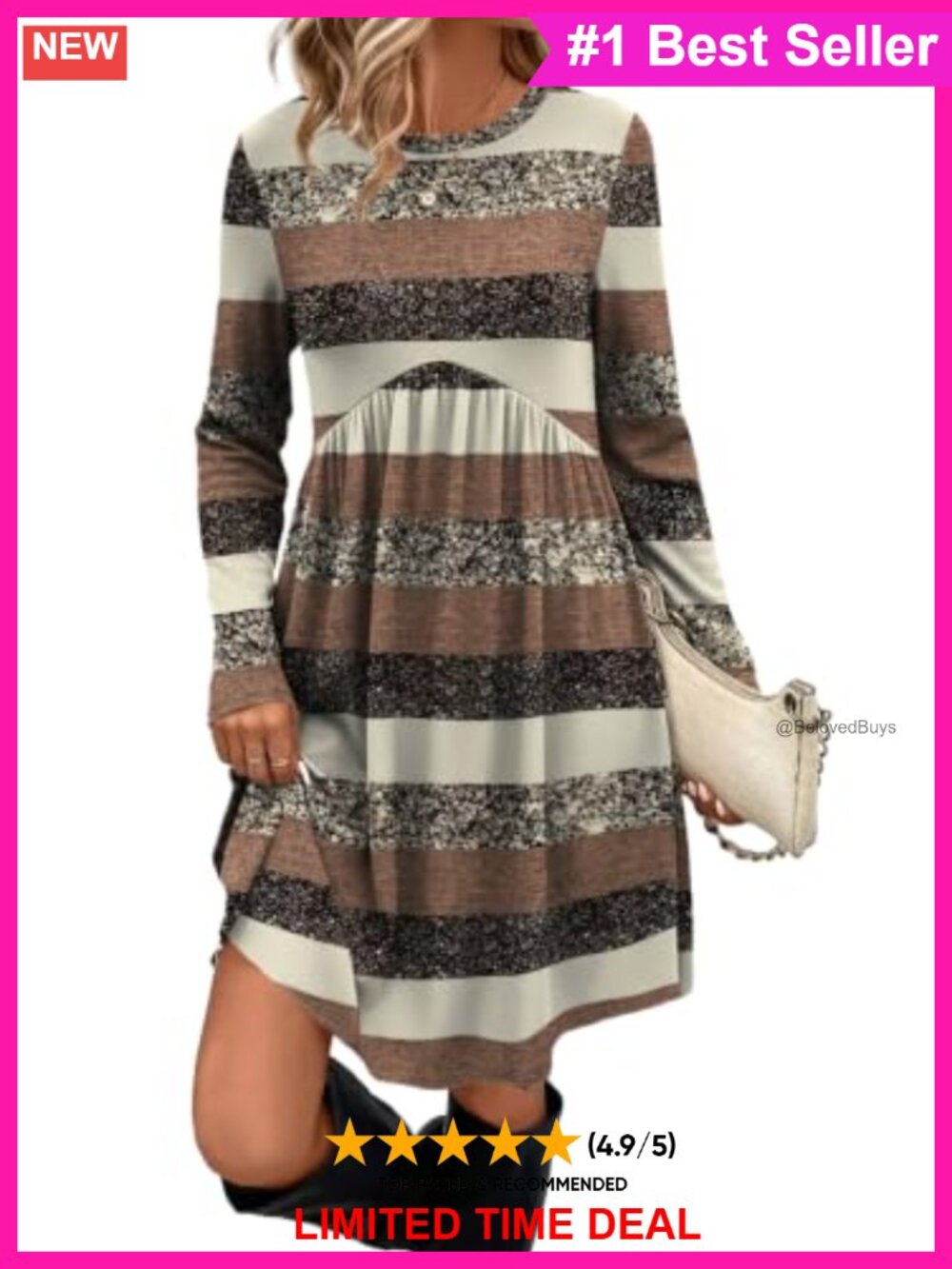 Women's Long Sleeve Empire Waist Tunic Dress with Pockets
